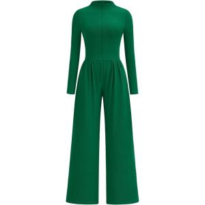 imagePRETTYGARDEN Long Sleeve Jumpsuit for Women 2025 Fall Date Night Rompers Dressy Casual One Piece Mock Neck Jumpsuits PocketsGreen