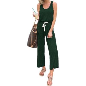 imagePRETTYGARDEN One Piece Jumpsuits for Women 2025 Summer Casual Drawstring Sleeveless Tank Romper Beach Vacation OutfitsZdark Green