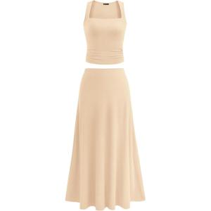 imagePRETTYGARDEN Skirt Sets Women 2 Piece Outfits 2025 Summer Casual Knit Tank Tops Flowy Midi Skirts Matching Vacation ClothesBeige
