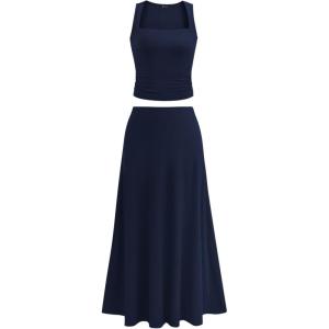 imagePRETTYGARDEN Skirt Sets Women 2 Piece Outfits 2025 Summer Casual Knit Tank Tops Flowy Midi Skirts Matching Vacation ClothesNavy