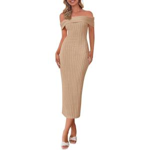imagePRETTYGARDEN Summer Dresses for Women 2025 Formal Off The Shoulder Midi Bodycon Ribbed Knit Spring Wedding Guest DressKhaki