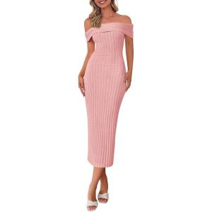imagePRETTYGARDEN Summer Dresses for Women 2025 Formal Off The Shoulder Midi Bodycon Ribbed Knit Spring Wedding Guest DressPink