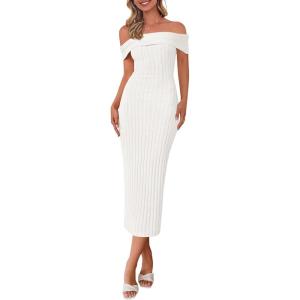 imagePRETTYGARDEN Summer Dresses for Women 2025 Formal Off The Shoulder Midi Bodycon Ribbed Knit Spring Wedding Guest DressWhite