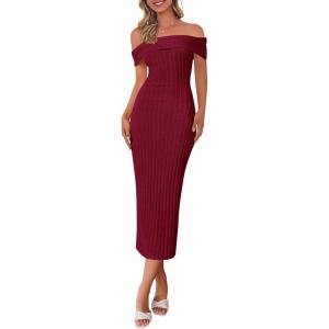 imagePRETTYGARDEN Summer Dresses for Women 2025 Formal Off The Shoulder Midi Bodycon Ribbed Knit Spring Wedding Guest DressWine Red