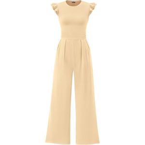 imagePRETTYGARDEN Summer Jumpsuits for Women Dressy 2025 Fashion Ruffle Cap Sleeve Romper Crew Neck Rib Knit One Piece OutfitsApricot