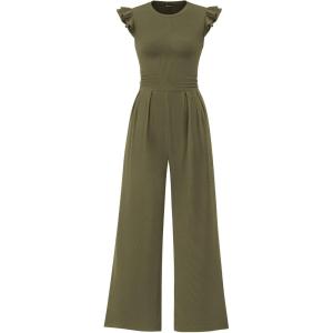 imagePRETTYGARDEN Summer Jumpsuits for Women Dressy 2025 Fashion Ruffle Cap Sleeve Romper Crew Neck Rib Knit One Piece OutfitsArmy Green