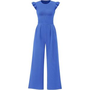 imagePRETTYGARDEN Summer Jumpsuits for Women Dressy 2025 Fashion Ruffle Cap Sleeve Romper Crew Neck Rib Knit One Piece OutfitsBrilliant Blue