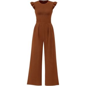 imagePRETTYGARDEN Summer Jumpsuits for Women Dressy 2025 Fashion Ruffle Cap Sleeve Romper Crew Neck Rib Knit One Piece OutfitsCoffee