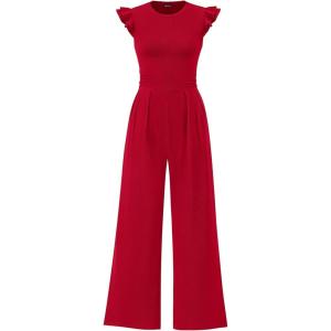 imagePRETTYGARDEN Summer Jumpsuits for Women Dressy 2025 Fashion Ruffle Cap Sleeve Romper Crew Neck Rib Knit One Piece OutfitsFiery Red