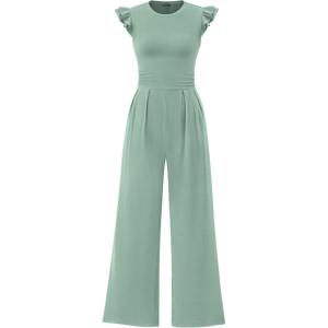 imagePRETTYGARDEN Summer Jumpsuits for Women Dressy 2025 Fashion Ruffle Cap Sleeve Romper Crew Neck Rib Knit One Piece OutfitsFruit Green