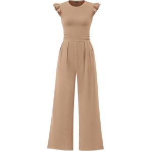 imagePRETTYGARDEN Summer Jumpsuits for Women Dressy 2025 Fashion Ruffle Cap Sleeve Romper Crew Neck Rib Knit One Piece OutfitsKhaki
