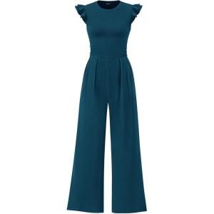 imagePRETTYGARDEN Summer Jumpsuits for Women Dressy 2025 Fashion Ruffle Cap Sleeve Romper Crew Neck Rib Knit One Piece OutfitsLake Blue