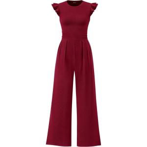 imagePRETTYGARDEN Summer Jumpsuits for Women Dressy 2025 Fashion Ruffle Cap Sleeve Romper Crew Neck Rib Knit One Piece OutfitsWine Red