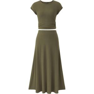 imagePRETTYGARDEN Two Piece Skirt Set for Women 2025 Summer Spring Dressy Casual Knit Travel Vacation Matching Lounge OutfitsArmy Green