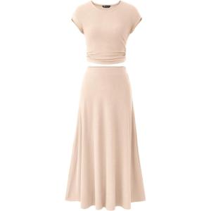 imagePRETTYGARDEN Two Piece Skirt Set for Women 2025 Summer Spring Dressy Casual Knit Travel Vacation Matching Lounge OutfitsBeige