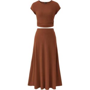 imagePRETTYGARDEN Two Piece Skirt Set for Women 2025 Summer Spring Dressy Casual Knit Travel Vacation Matching Lounge OutfitsDark Brown