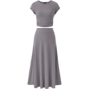 imagePRETTYGARDEN Two Piece Skirt Set for Women 2025 Summer Spring Dressy Casual Knit Travel Vacation Matching Lounge OutfitsLight Grey