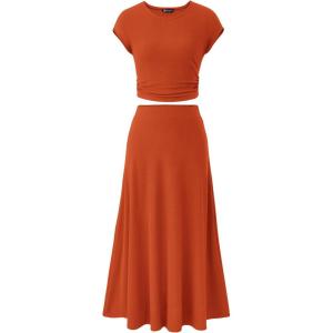 imagePRETTYGARDEN Two Piece Skirt Set for Women 2025 Summer Spring Dressy Casual Knit Travel Vacation Matching Lounge OutfitsOrange