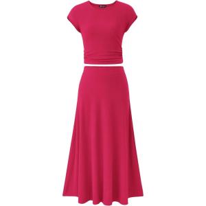 imagePRETTYGARDEN Two Piece Skirt Set for Women 2025 Summer Spring Dressy Casual Knit Travel Vacation Matching Lounge OutfitsRose Red