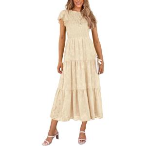 imagePRETTYGARDEN Wedding Guest Dresses for Women 2025 Summer Floral Cap Sleeve Smocked A Line Long Elegant Party Boho DressBeige