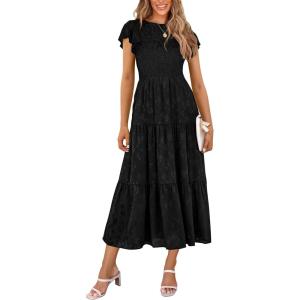 imagePRETTYGARDEN Wedding Guest Dresses for Women 2025 Summer Floral Cap Sleeve Smocked A Line Long Elegant Party Boho DressBlack