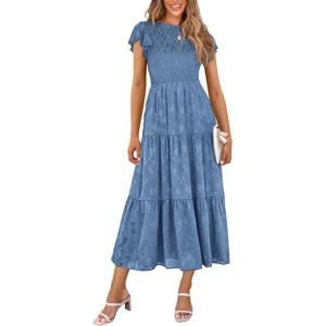 imagePRETTYGARDEN Wedding Guest Dresses for Women 2025 Summer Floral Cap Sleeve Smocked A Line Long Elegant Party Boho DressBlue