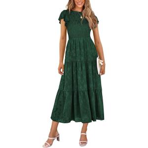 imagePRETTYGARDEN Wedding Guest Dresses for Women 2025 Summer Floral Cap Sleeve Smocked A Line Long Elegant Party Boho DressDark Green