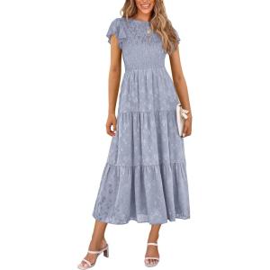 imagePRETTYGARDEN Wedding Guest Dresses for Women 2025 Summer Floral Cap Sleeve Smocked A Line Long Elegant Party Boho DressGrey Blue