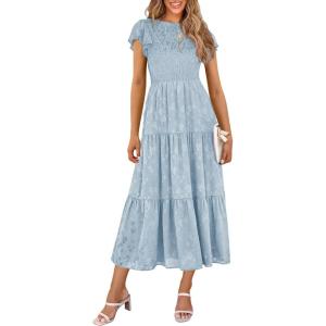 imagePRETTYGARDEN Wedding Guest Dresses for Women 2025 Summer Floral Cap Sleeve Smocked A Line Long Elegant Party Boho DressLight Blue