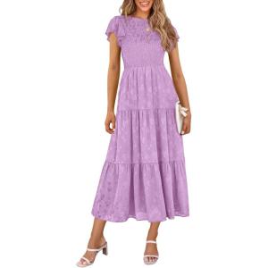 imagePRETTYGARDEN Wedding Guest Dresses for Women 2025 Summer Floral Cap Sleeve Smocked A Line Long Elegant Party Boho DressLight Purple