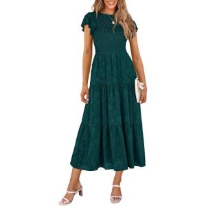 imagePRETTYGARDEN Wedding Guest Dresses for Women 2025 Summer Floral Cap Sleeve Smocked A Line Long Elegant Party Boho DressMalachite Green