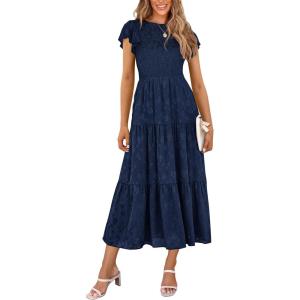 imagePRETTYGARDEN Wedding Guest Dresses for Women 2025 Summer Floral Cap Sleeve Smocked A Line Long Elegant Party Boho DressNavy