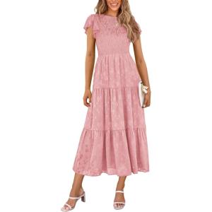 imagePRETTYGARDEN Wedding Guest Dresses for Women 2025 Summer Floral Cap Sleeve Smocked A Line Long Elegant Party Boho DressPink