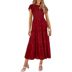 imagePRETTYGARDEN Wedding Guest Dresses for Women 2025 Summer Floral Cap Sleeve Smocked A Line Long Elegant Party Boho DressRed