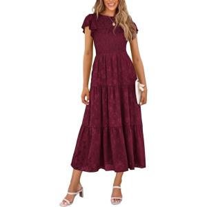 imagePRETTYGARDEN Wedding Guest Dresses for Women 2025 Summer Floral Cap Sleeve Smocked A Line Long Elegant Party Boho DressWine Red