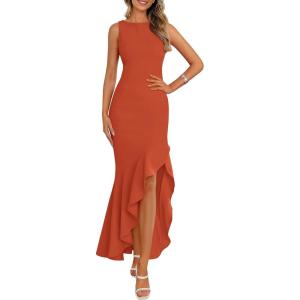 imagePRETTYGARDEN Wedding Guest Dresses for Women 2025 Summer Formal Gala Maxi Dress Ruffle Mermaid Cocktail Long DressesBrick Red