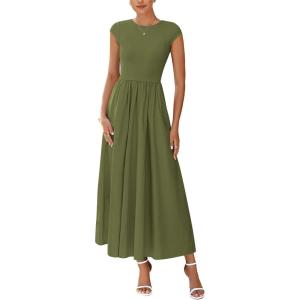 imagePRETTYGARDEN Womens 2025 Summer Casual Long Dresses Cap Sleeve Patchwork A Line Flowy Modest Elegant Homecoming Maxi DressArmy Green