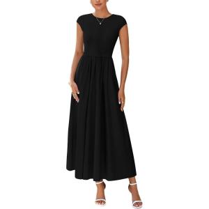 imagePRETTYGARDEN Womens 2025 Summer Casual Long Dresses Cap Sleeve Patchwork A Line Flowy Modest Elegant Homecoming Maxi DressBlack