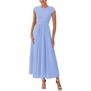 imagePRETTYGARDEN Womens 2025 Summer Casual Long Dresses Cap Sleeve Patchwork A Line Flowy Modest Elegant Homecoming Maxi DressLight Blue