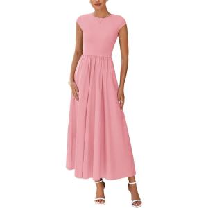 imagePRETTYGARDEN Womens 2025 Summer Casual Long Dresses Cap Sleeve Patchwork A Line Flowy Modest Elegant Homecoming Maxi DressPink