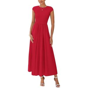 imagePRETTYGARDEN Womens 2025 Summer Casual Long Dresses Cap Sleeve Patchwork A Line Flowy Modest Elegant Homecoming Maxi DressRed