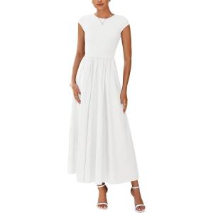 imagePRETTYGARDEN Womens 2025 Summer Casual Long Dresses Cap Sleeve Patchwork A Line Flowy Modest Elegant Homecoming Maxi DressWhite