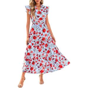 imagePRETTYGARDEN Womens 2025 Summer Floral Midi Dress Cap Sleeve V Neck Ruffle Long Flowy Boho Casual Beach Vacation DressesFloral Blue Red
