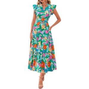 imagePRETTYGARDEN Womens 2025 Summer Floral Midi Dress Cap Sleeve V Neck Ruffle Long Flowy Boho Casual Beach Vacation DressesFloral Green Orange