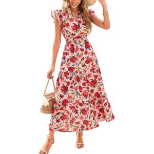 imagePRETTYGARDEN Womens 2025 Summer Floral Midi Dress Cap Sleeve V Neck Ruffle Long Flowy Boho Casual Beach Vacation DressesFloral Orange Pink Red