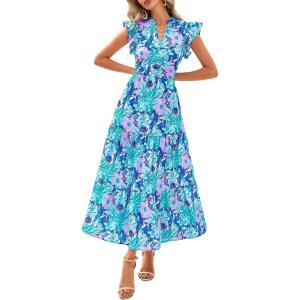 imagePRETTYGARDEN Womens 2025 Summer Floral Midi Dress Cap Sleeve V Neck Ruffle Long Flowy Boho Casual Beach Vacation DressesFloral Purple Blue