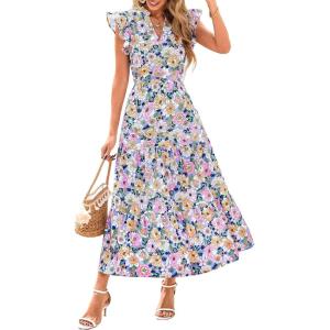 imagePRETTYGARDEN Womens 2025 Summer Floral Midi Dress Cap Sleeve V Neck Ruffle Long Flowy Boho Casual Beach Vacation DressesFloral Purple Pink