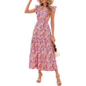 imagePRETTYGARDEN Womens 2025 Summer Floral Midi Dress Cap Sleeve V Neck Ruffle Long Flowy Boho Casual Beach Vacation DressesFloral Wine Red