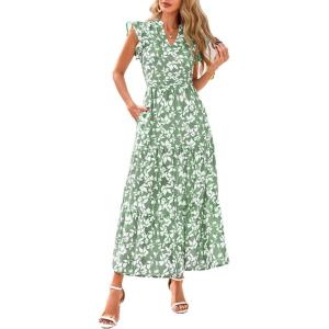 imagePRETTYGARDEN Womens 2025 Summer Floral Midi Dress Cap Sleeve V Neck Ruffle Long Flowy Boho Casual Beach Vacation DressesLeaves Light Green