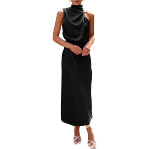 imagePRETTYGARDEN Womens 2025 Summer Satin Dress Elegant Sleeveless Mock Neck Cocktail Party Maxi DressesBlack